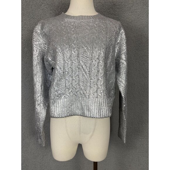 Hooked up by Lot Juniors' Shine Cable-Knit Crewneck Sweater Silver Size XS NWT's - Picture 1 of 8